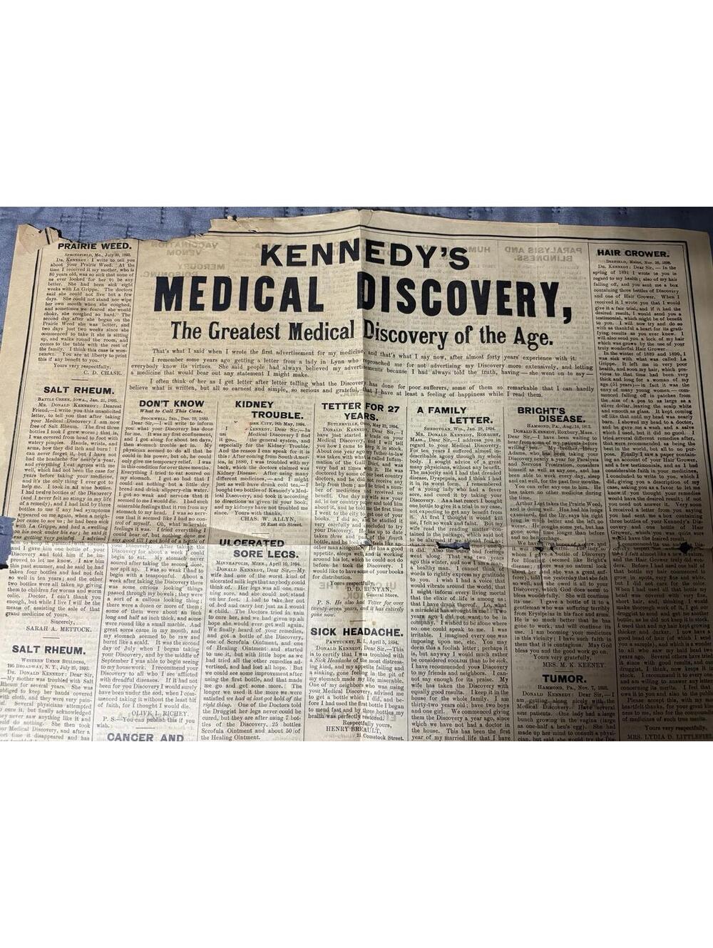 Antique 1890s Donald Kennedy Medical Discovery Quack Medicine Broadside